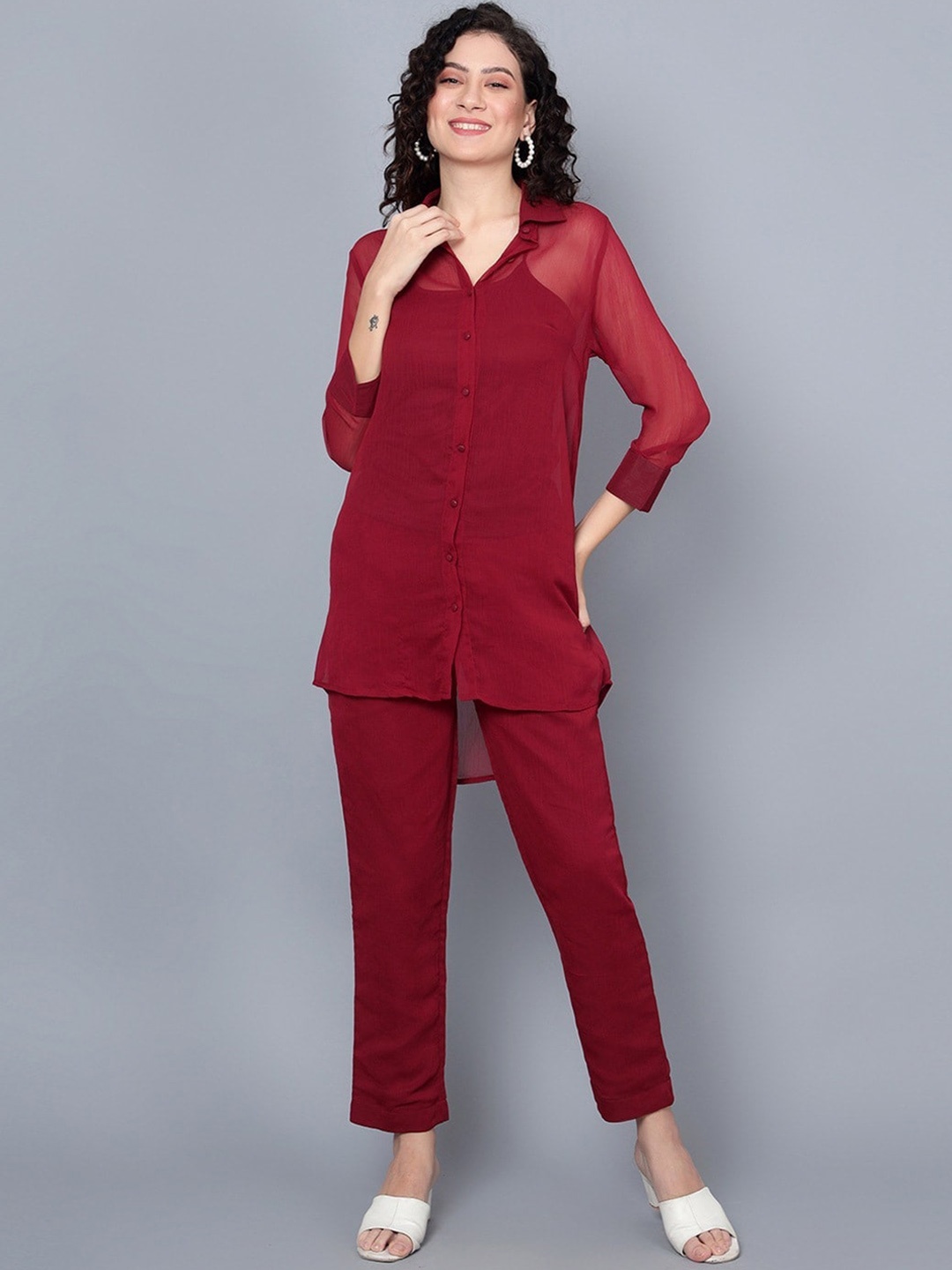 

ANVI Be Yourself Shirt & Trousers With Camisole Co-Ords, Maroon