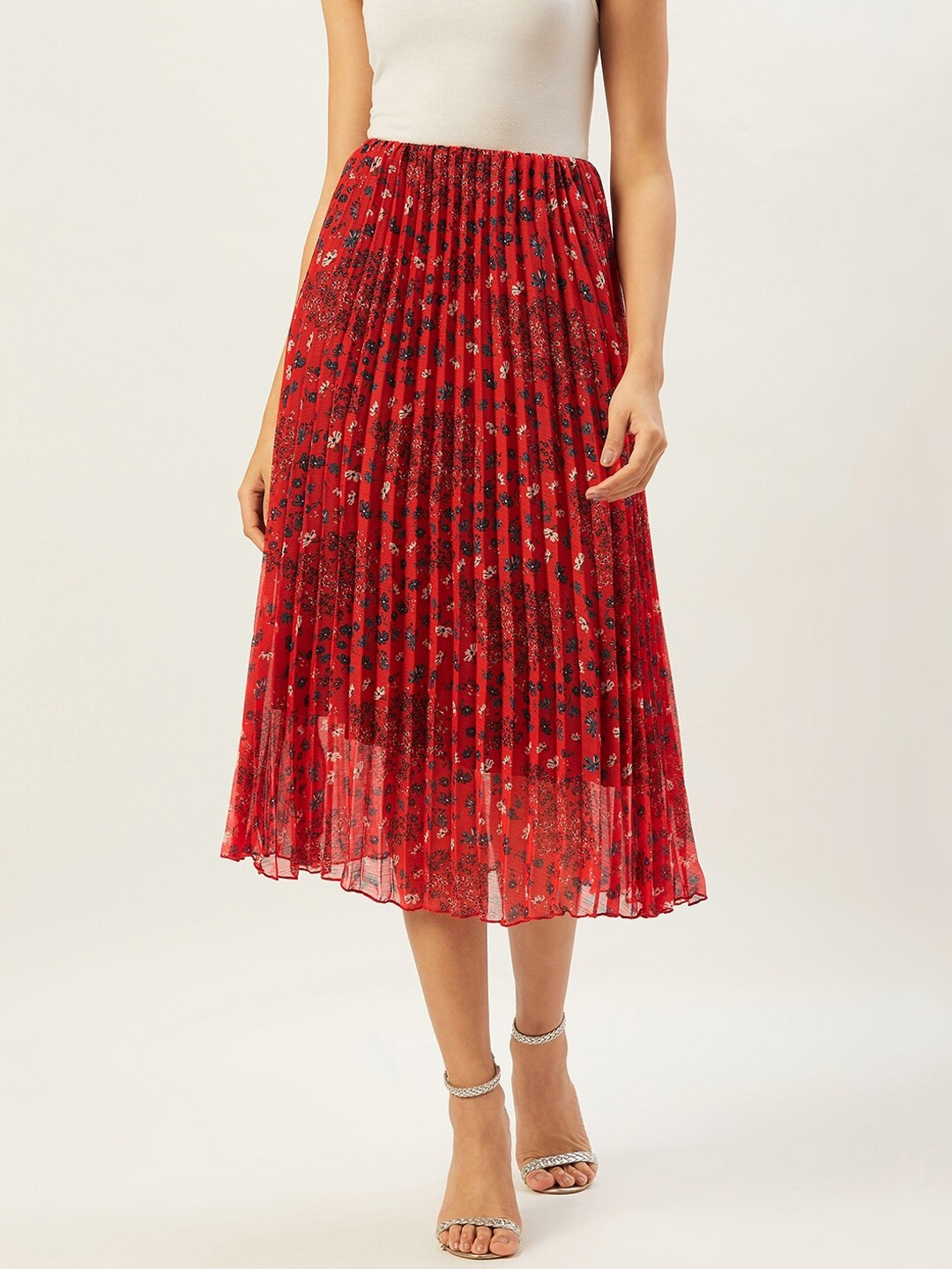 

ANVI Be Yourself Floral Printed Flared Midi Skirt, Red