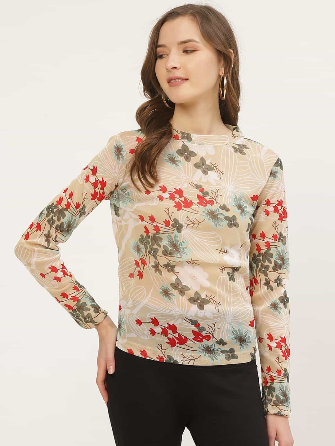 

ANVI Be Yourself Floral Printed Round Neck Sheer Net Top, Beige
