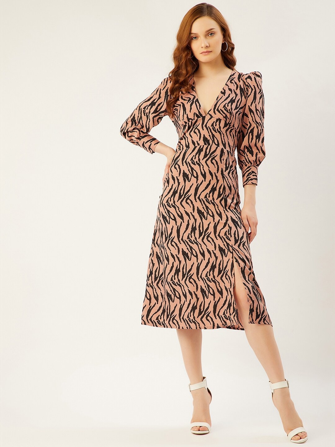 

ANVI Be Yourself Animal Printed Cuff Sleeve Satin Midi Dress, Peach