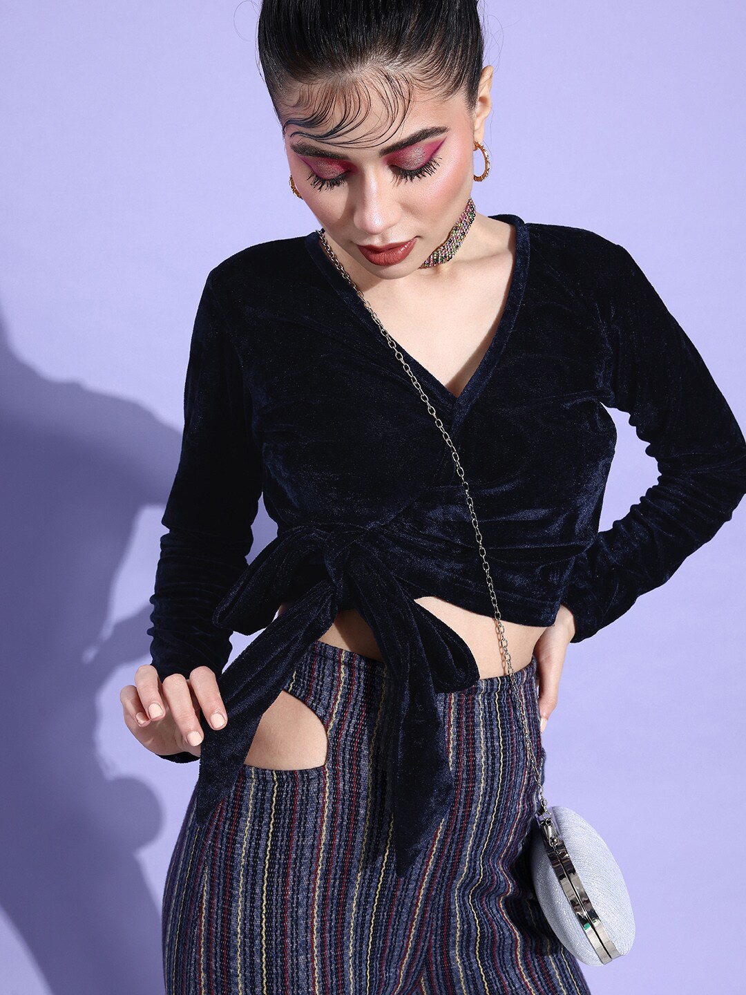 

ANVI Be Yourself Velvet Wrap Crop Top, Navy blue