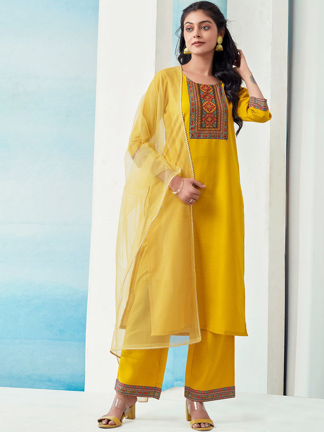 

SKYLEE Ethnic Motifs Yoke Design Kurta With Palazzo & Dupatta, Yellow