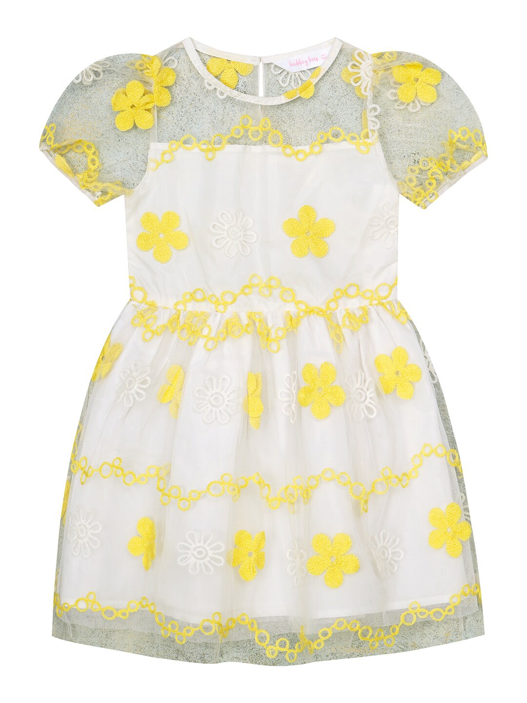 

Budding Bees Puff Sleeve Net Peplum Dress, Yellow