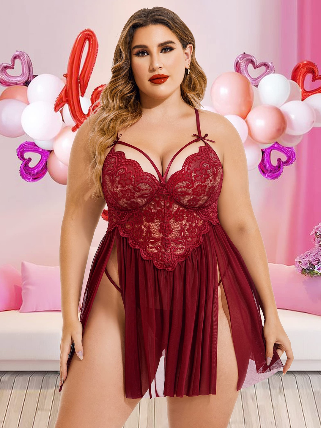 

Xivir Plus Size Self Design Shoulder Lace Straps Baby Doll, Maroon