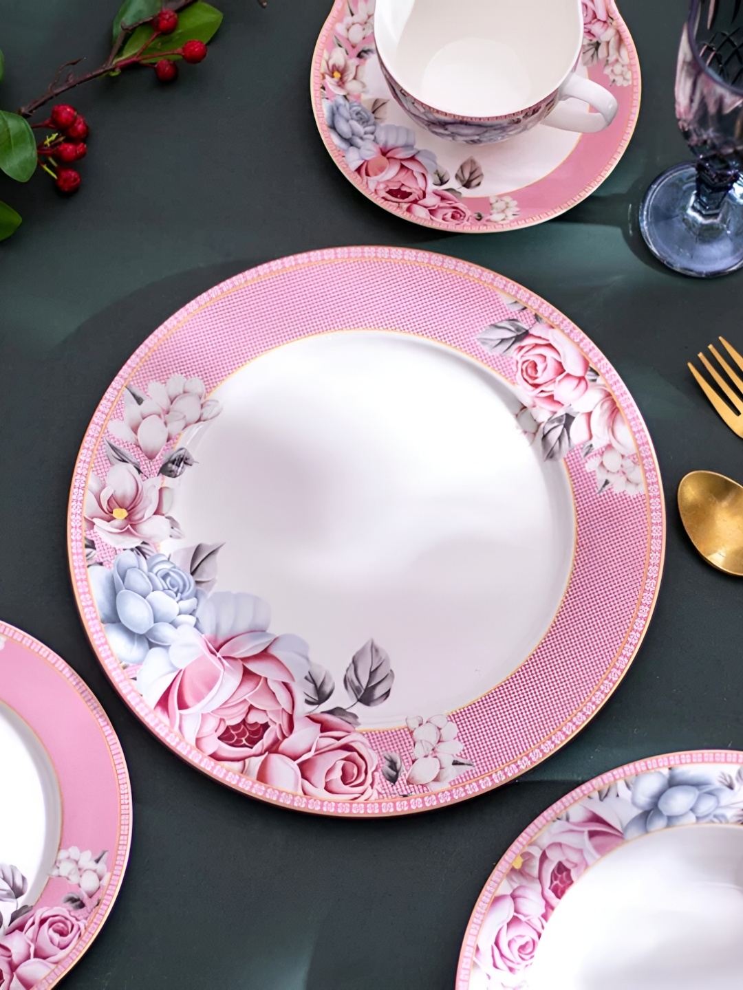 

THEDECORKART White & Pink Printed Porcelain Glossy Plate