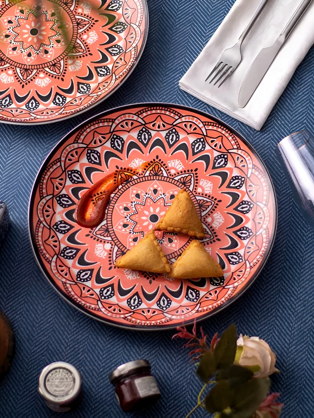 

THEDECORKART Peach Coloured Ethnic Motifs Printed Ceramic Dishwasher Safe Glossy Plate