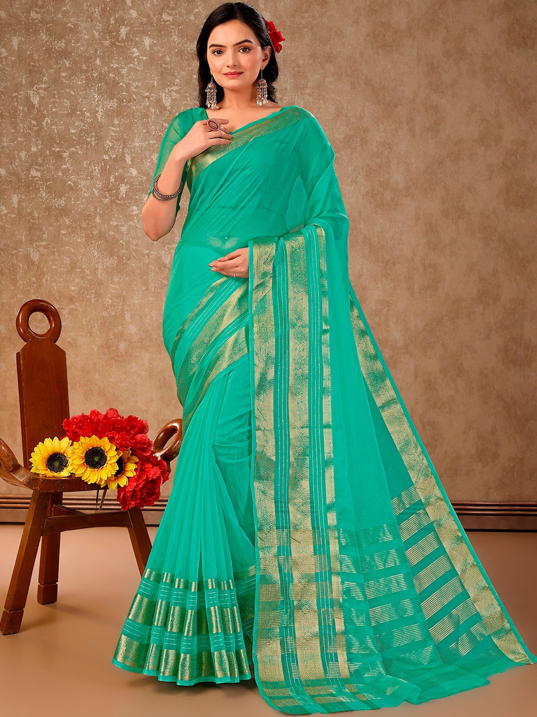 

Indian Women Zari Organza Saree, Sea green