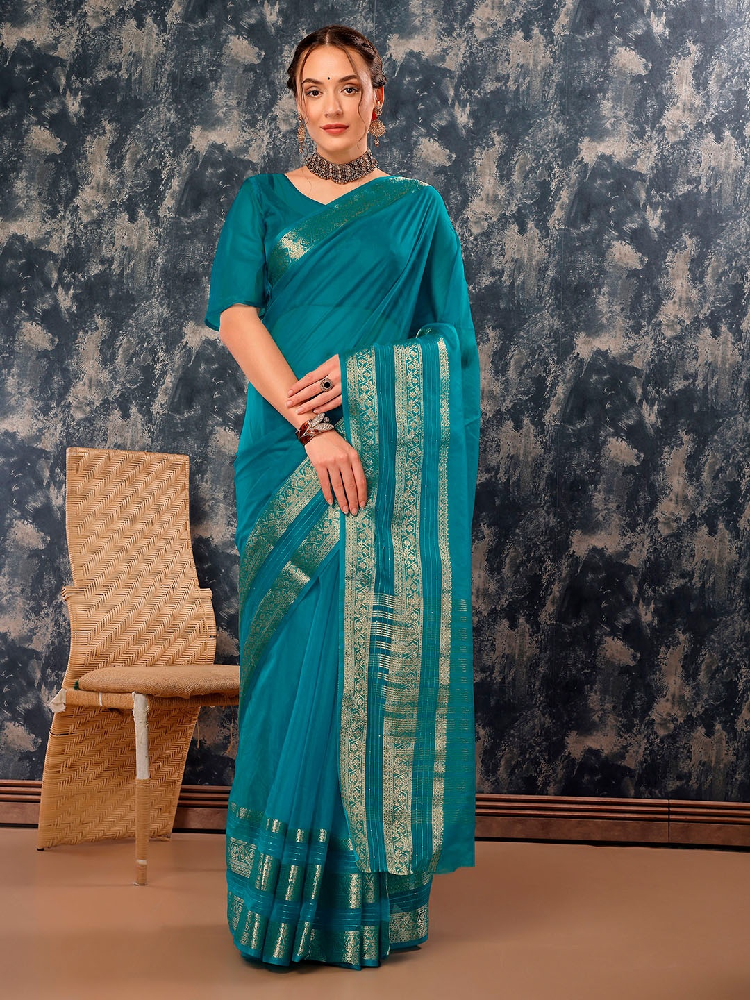 

Indian Women Zari Organza Saree, Blue