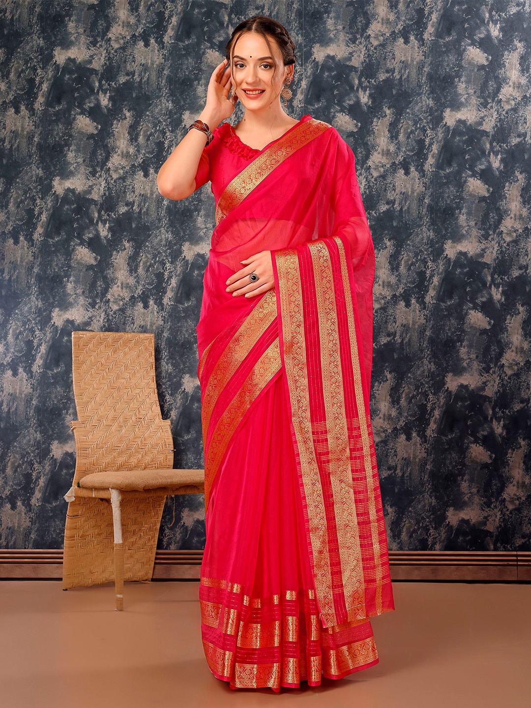 

Indian Women Woven Design Zari Organza Saree, Pink