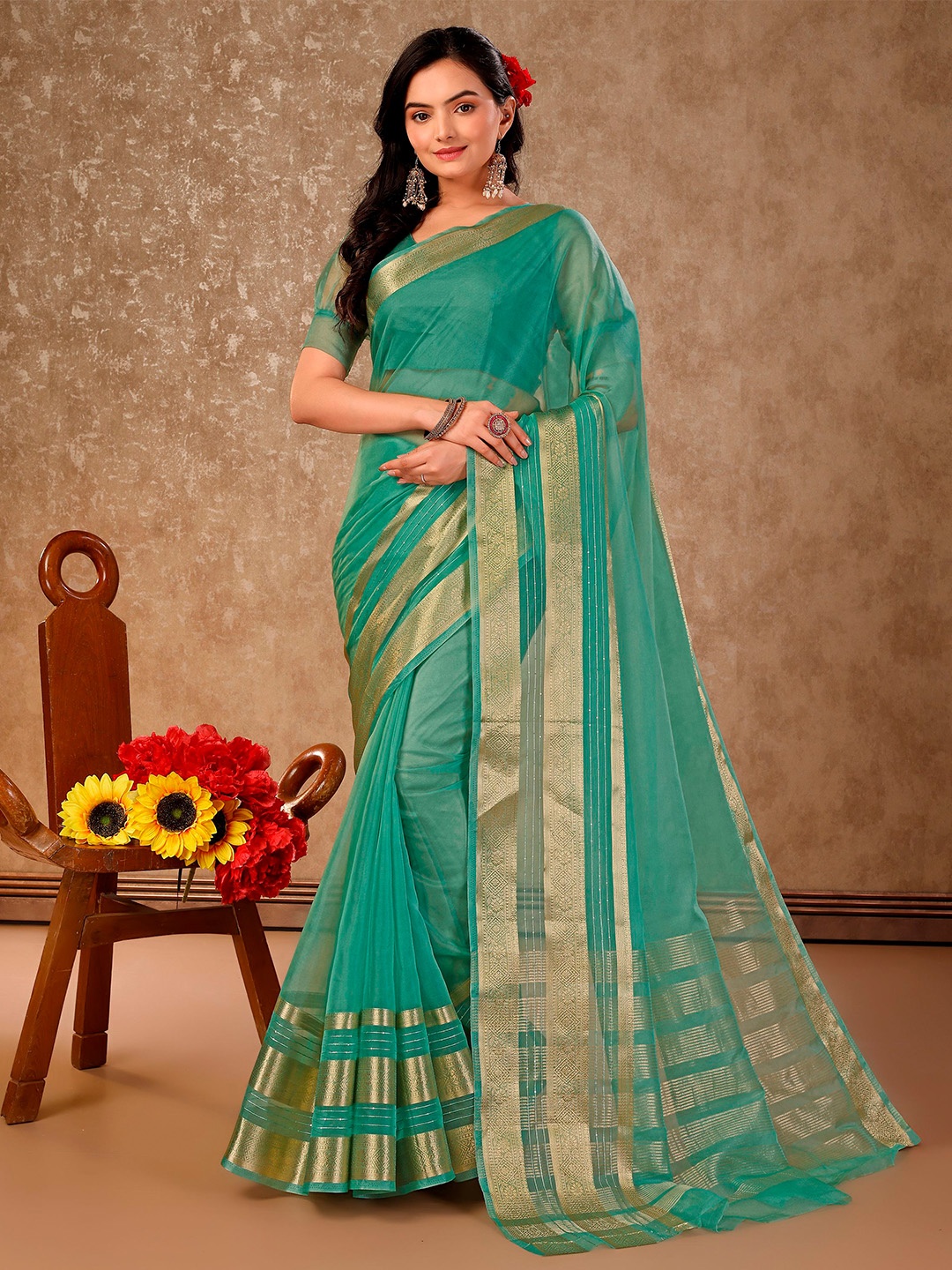 

Indian Women Zari Organza Saree, Green