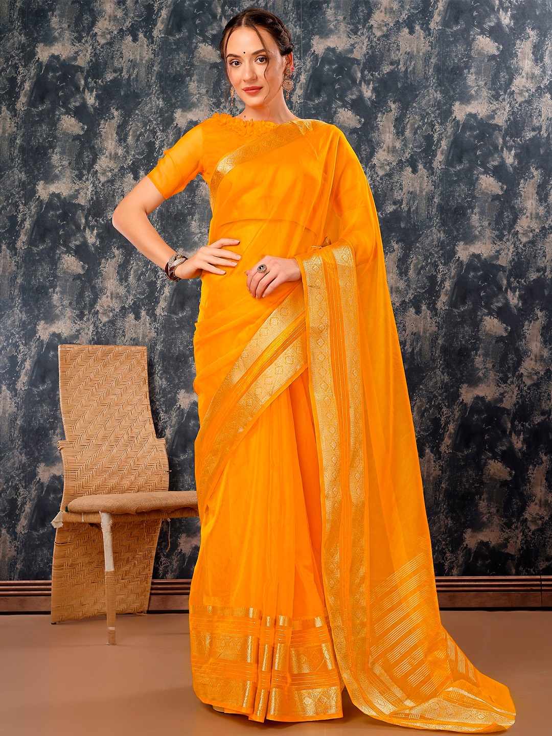 

Indian Women Woven Design Zari Organza Saree, Yellow
