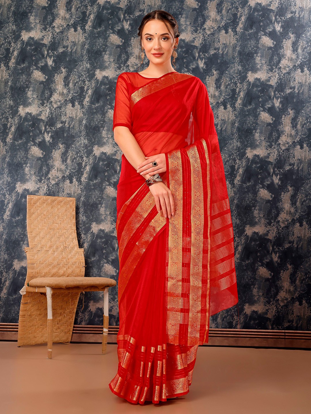 

Indian Women Woven Design Zari Organza Saree, Red