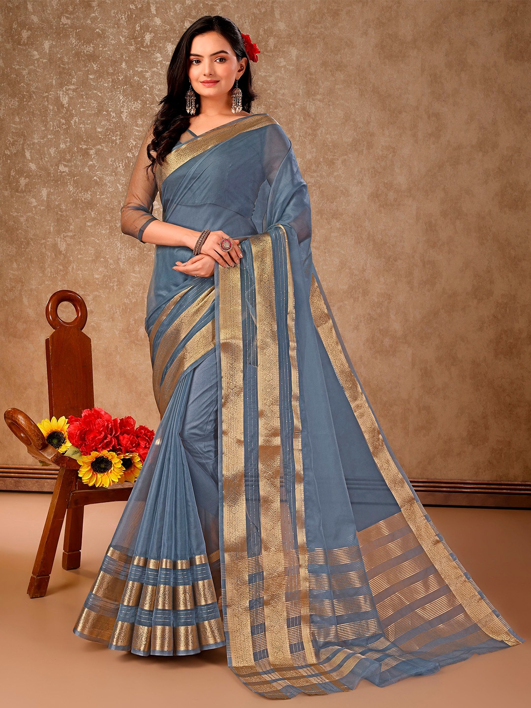 

Indian Women Zari Organza Saree, Grey