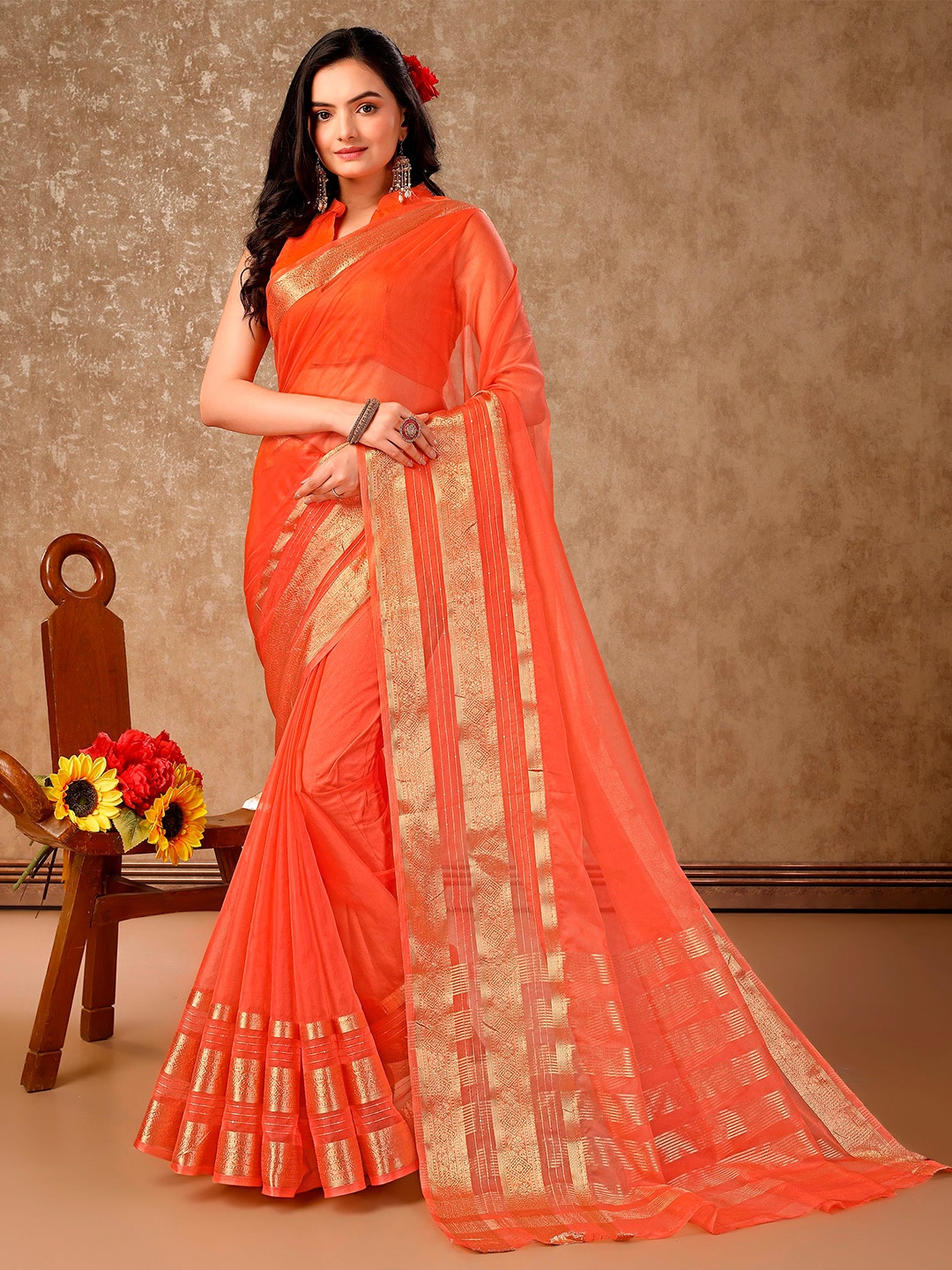 

Indian Women Zari Organza Saree, Orange