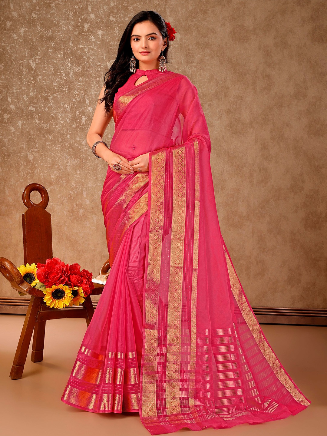 

Indian Women Zari Organza Saree, Peach