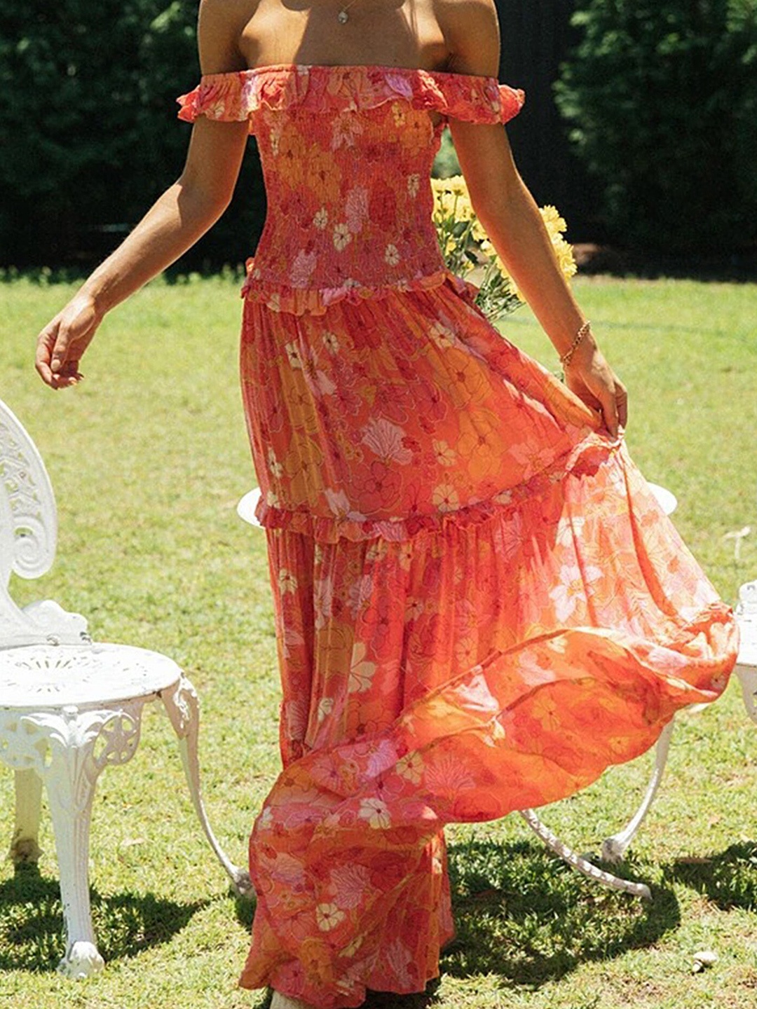 

LULU & SKY Floral Print Off Shoulder Smocked Tiered Maxi Dress, Orange