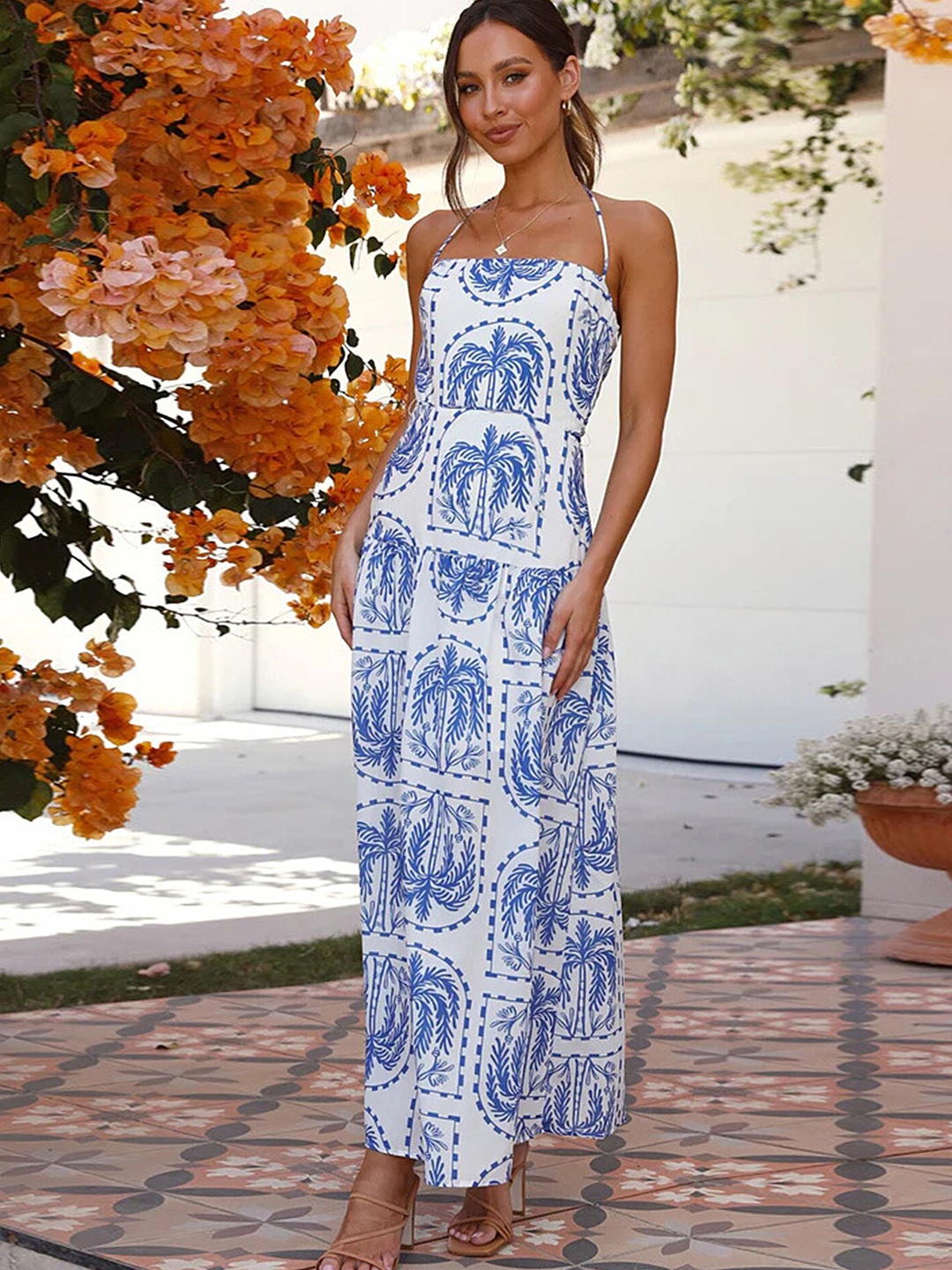 

LULU & SKY Tropical Printed Halter Neck Maxi Dress, Blue