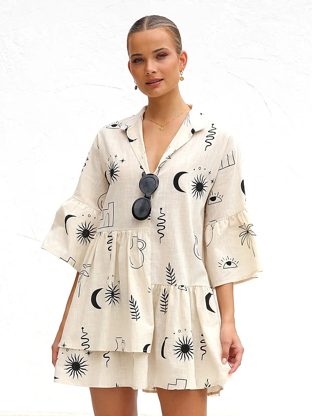 

LULU & SKY Conversational Print Bell Sleeve A-Line Dress, Beige