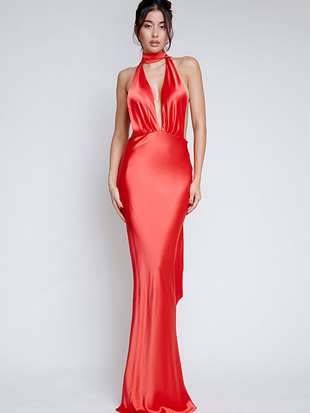 

LULU & SKY Halter Neck Plunge Backless Maxi Sheath Dress, Red