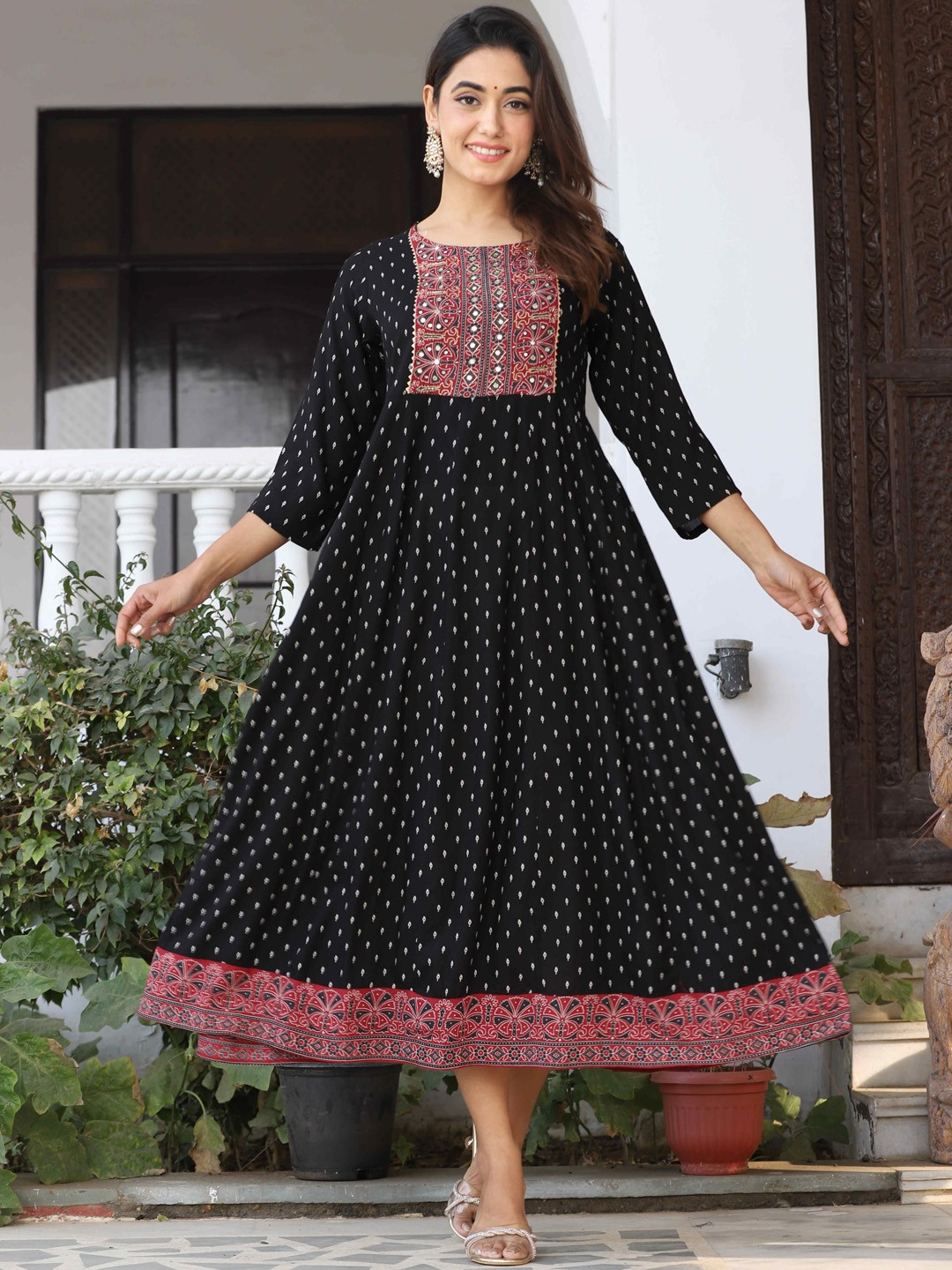 

KALINI Ethnic Motifs Printed Three-Quarter Sleeves Gotta Patti Anarkali Kurta, Black