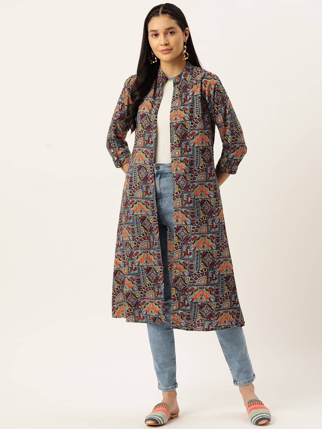 

WISSTLER Printed Longline Open Front Shrug, Grey