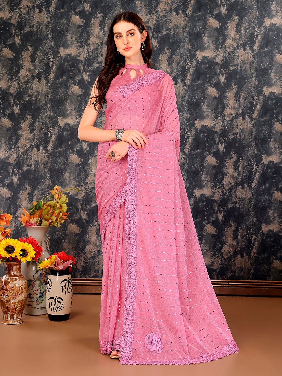 

Indian Women Embellished Beads and Stones Saree, Pink