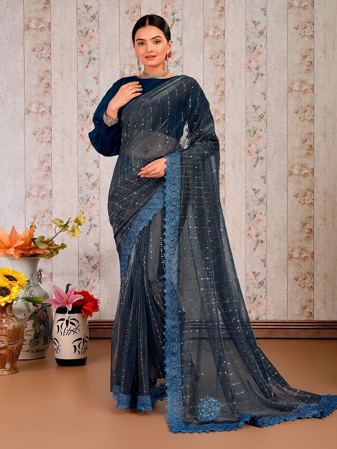

Indian Women Embellished Beads and Stones Saree, Blue