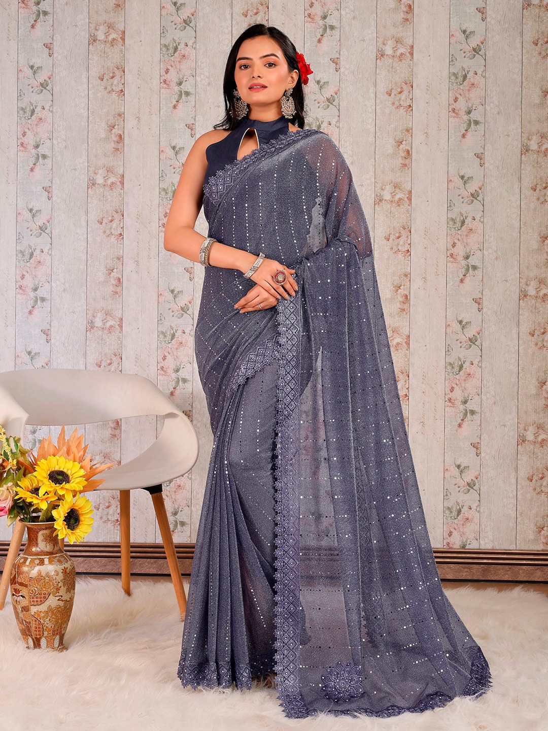 

Indian Women Embellished Embroidered Saree, Blue