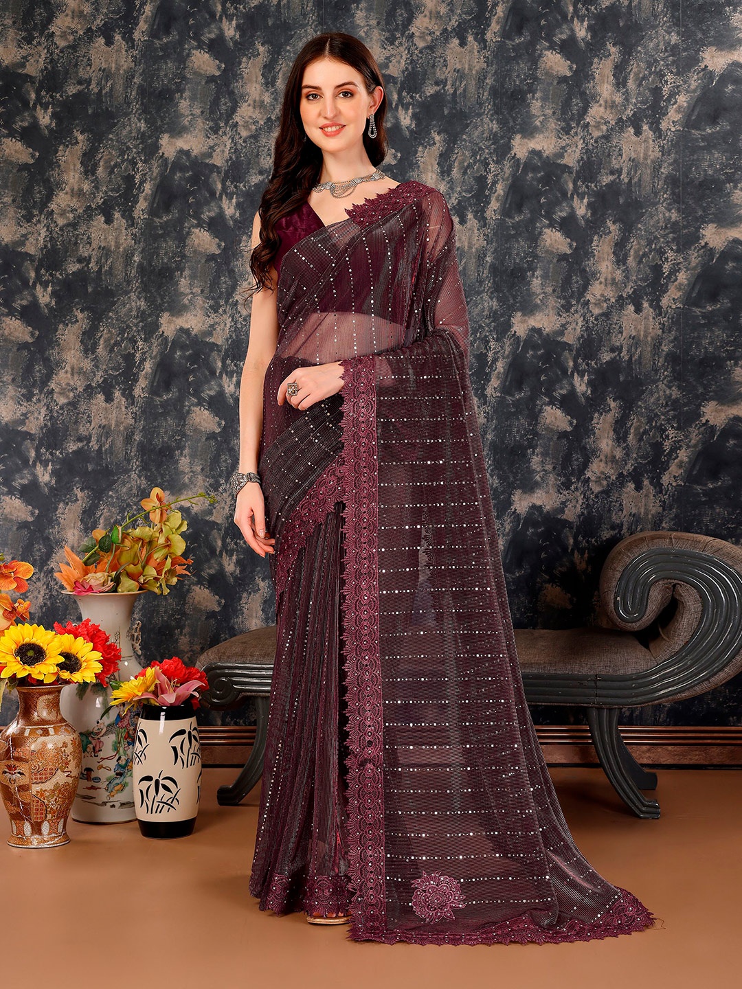 

Indian Women Embellished Beads and Stones Saree, Coffee brown