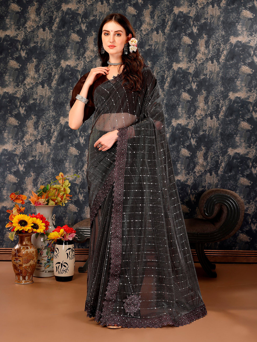 

Indian Women Sequined Embellished Beads and Stones Saree, Green