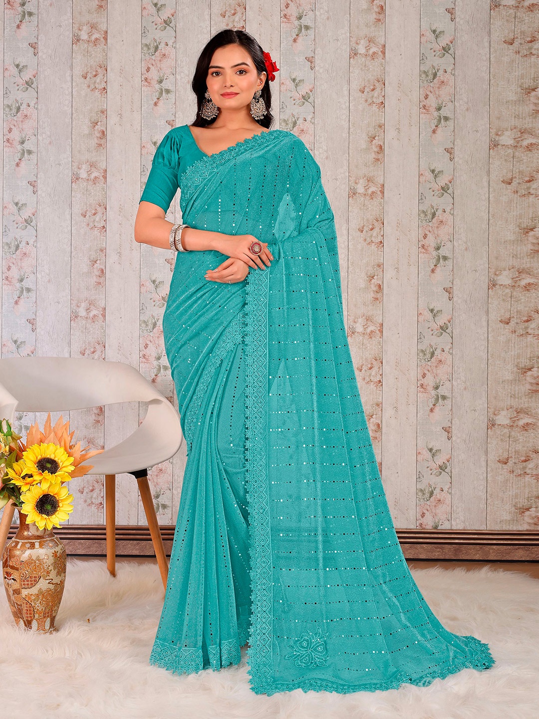 

Indian Women Embellished Beads And Stones Saree, Blue