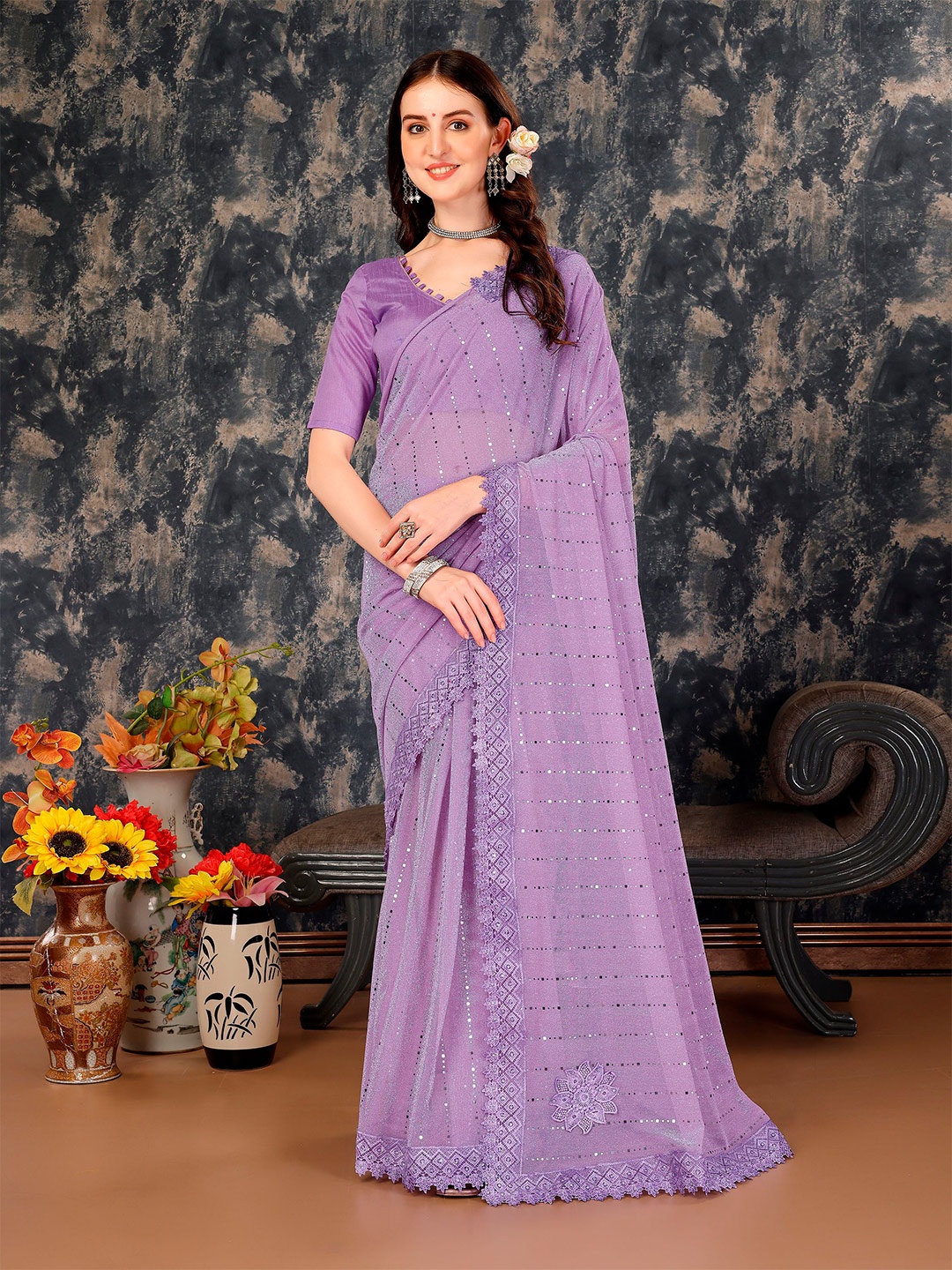 

Indian Women Sequined Embellished Saree, Purple