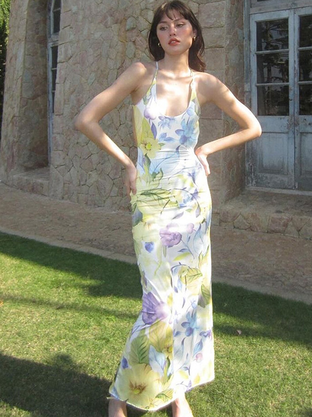 

LULU & SKY Floral Printed Backless Criss-Cross Sheath Dress, White