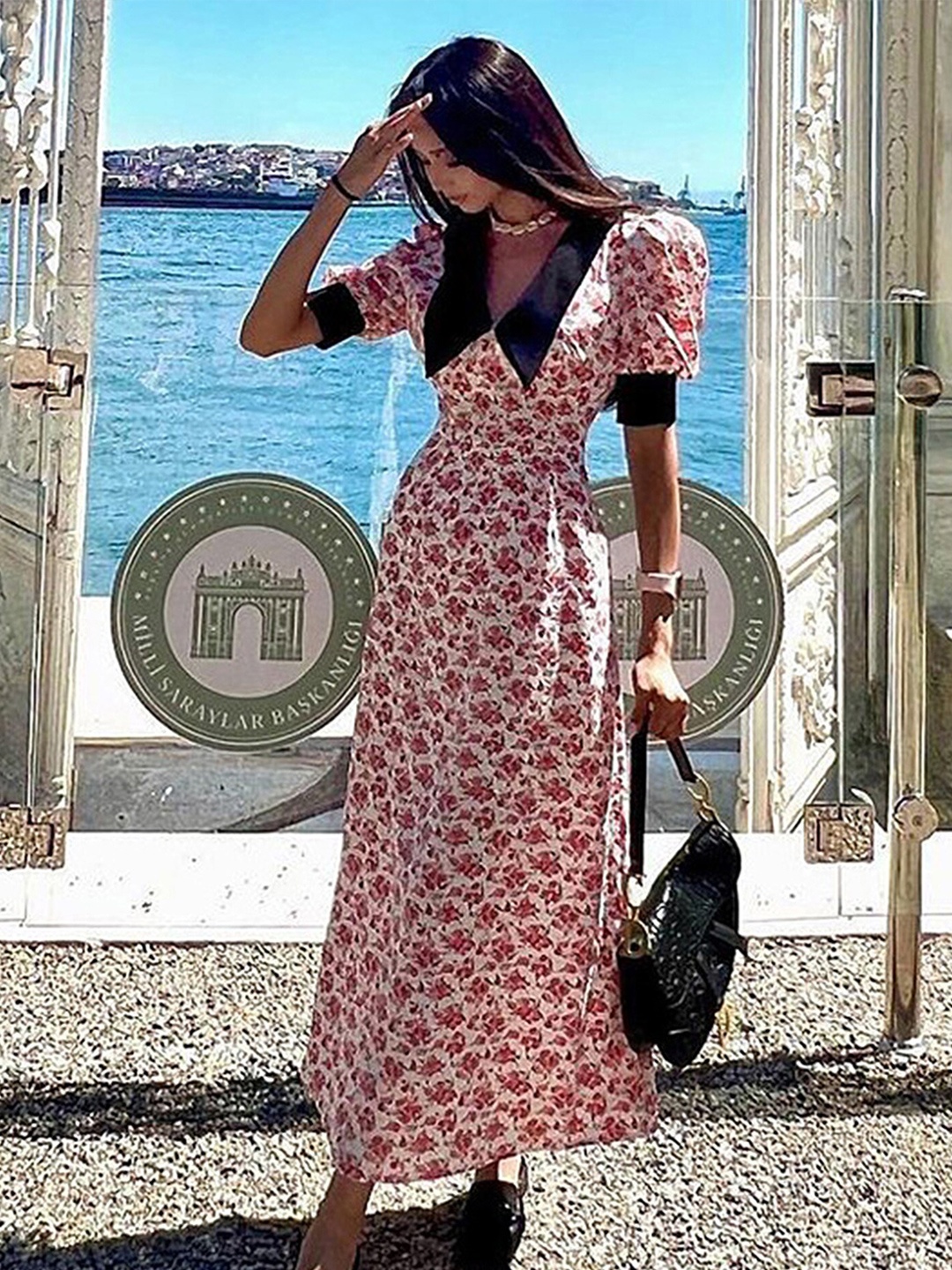 

LULU & SKY Floral Printed Pleated Maxi Above the Keyboard Collar Dress, White