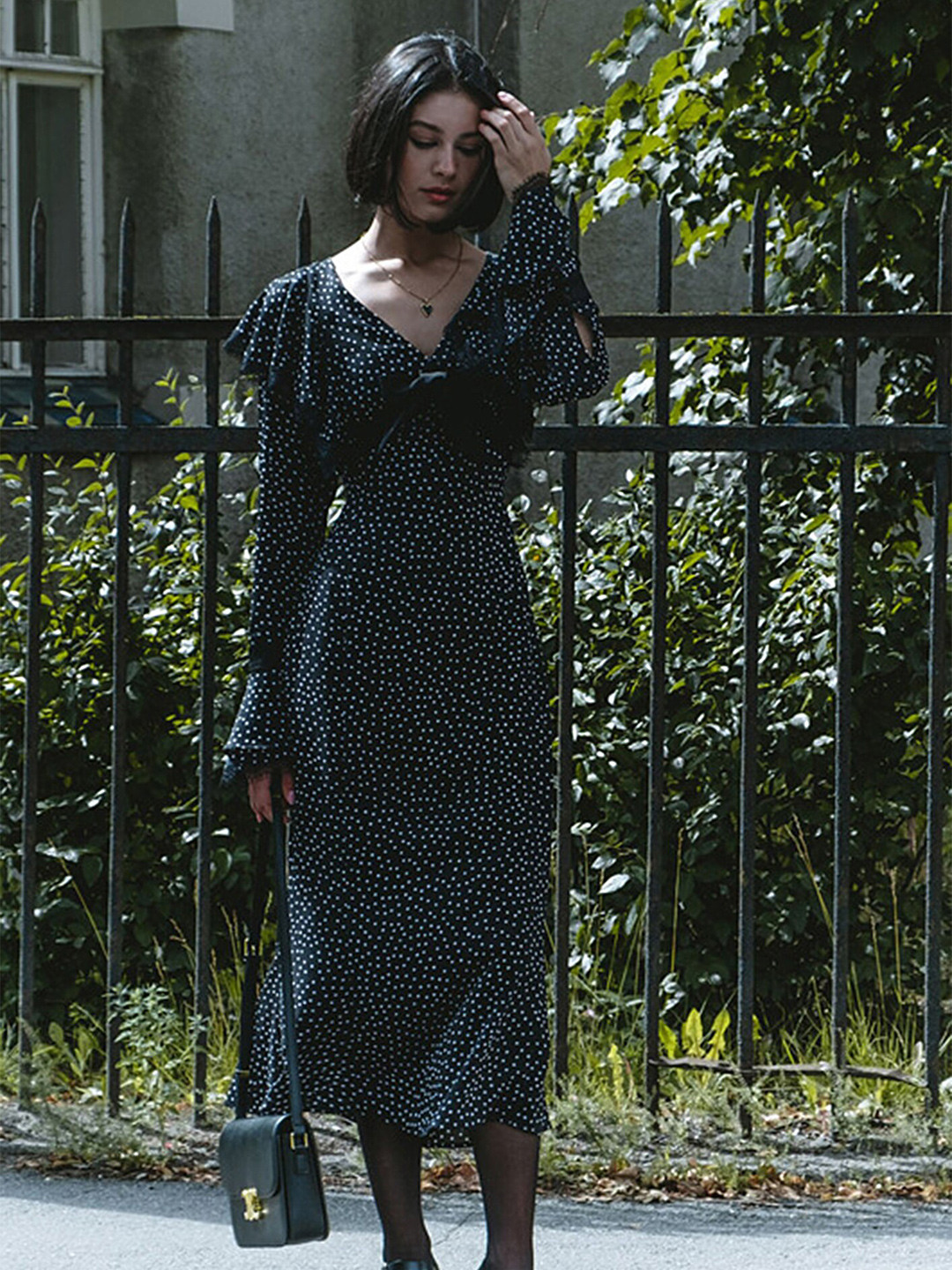 

LULU & SKY Polka Dots Printed Bell Sleeves Ruffled Maxi Dress, Black
