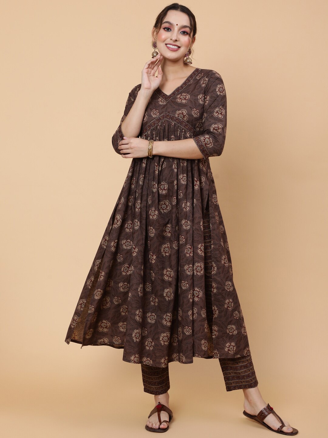 

GULMOHAR JAIPUR Ethnic Motifs Printed Pure Cotton Kurta & Trousers With Dupatta, Brown