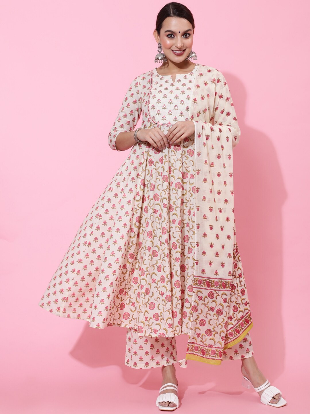 

GULMOHAR JAIPUR Ethnic Motifs Printed Pure Cotton Kurta & Palazzos With Dupatta, White