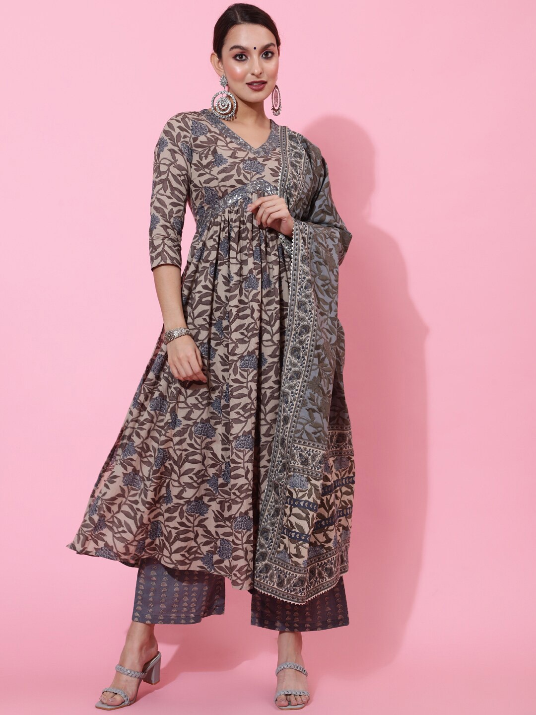 

GULMOHAR JAIPUR Floral Printed Thread Work Pure Cotton Kurta & Palazzos With Dupatta, Brown