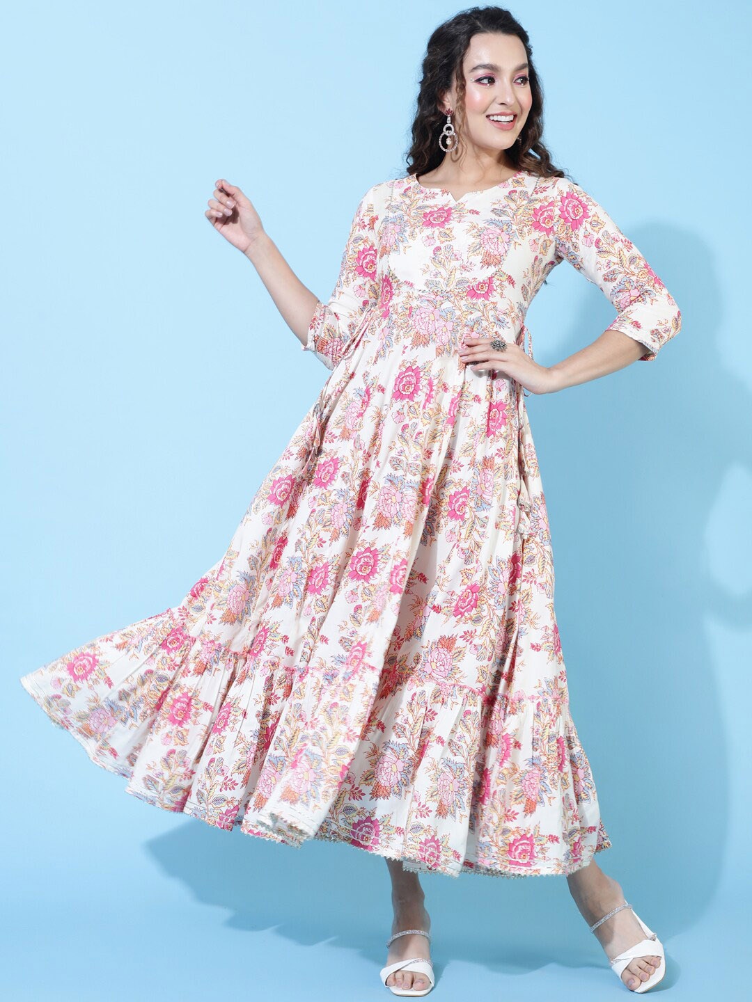 GULMOHAR JAIPUR Floral Printed Anarkali Kurta, White