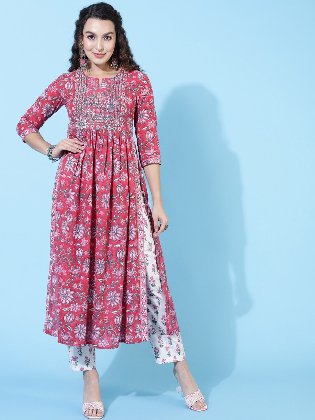 

GULMOHAR JAIPUR Ethnic Motifs Printed Thread Work Pure Cotton Kurta Set, Pink
