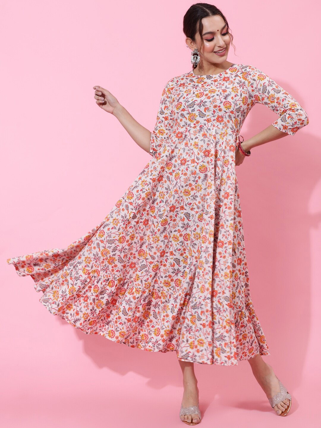 

GULMOHAR JAIPUR Floral Printed Jaipuri Cotton Anarkali Kurta, White