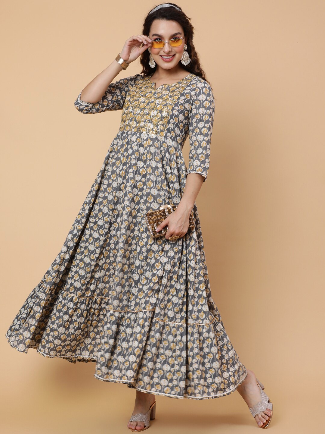 

GULMOHAR JAIPUR Floral Printed Sequinned Anarkali Kurta, Grey