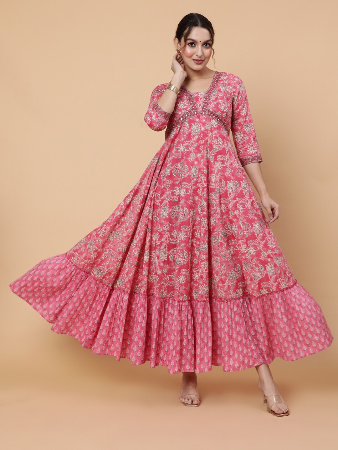 

GULMOHAR JAIPUR Floral Printed Mirror Work Cotton Anarkali Kurta, Pink