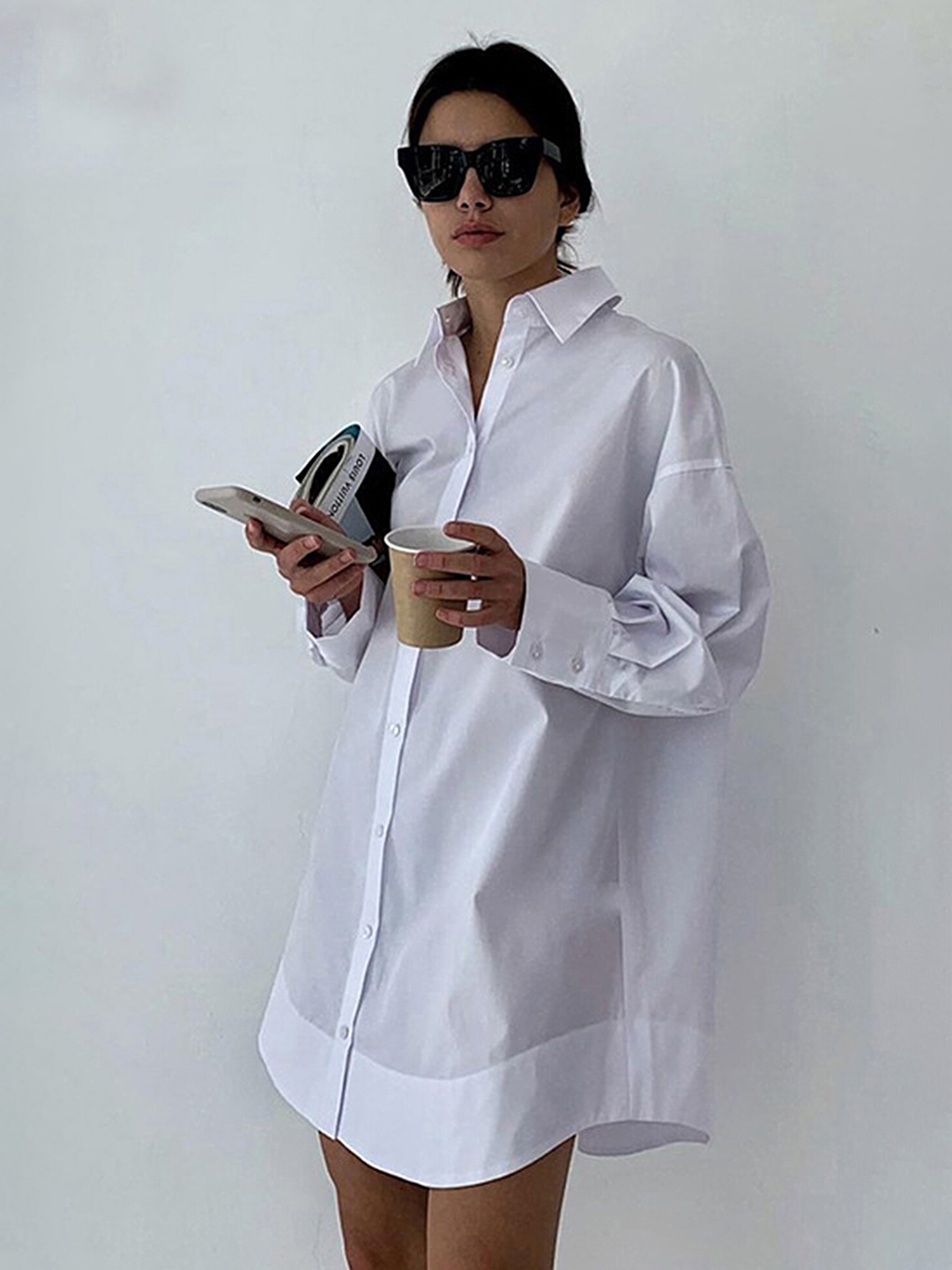 

LULU & SKY Shirt Collar Cuffed Sleeves Pure Cotton Shirt Dress, White
