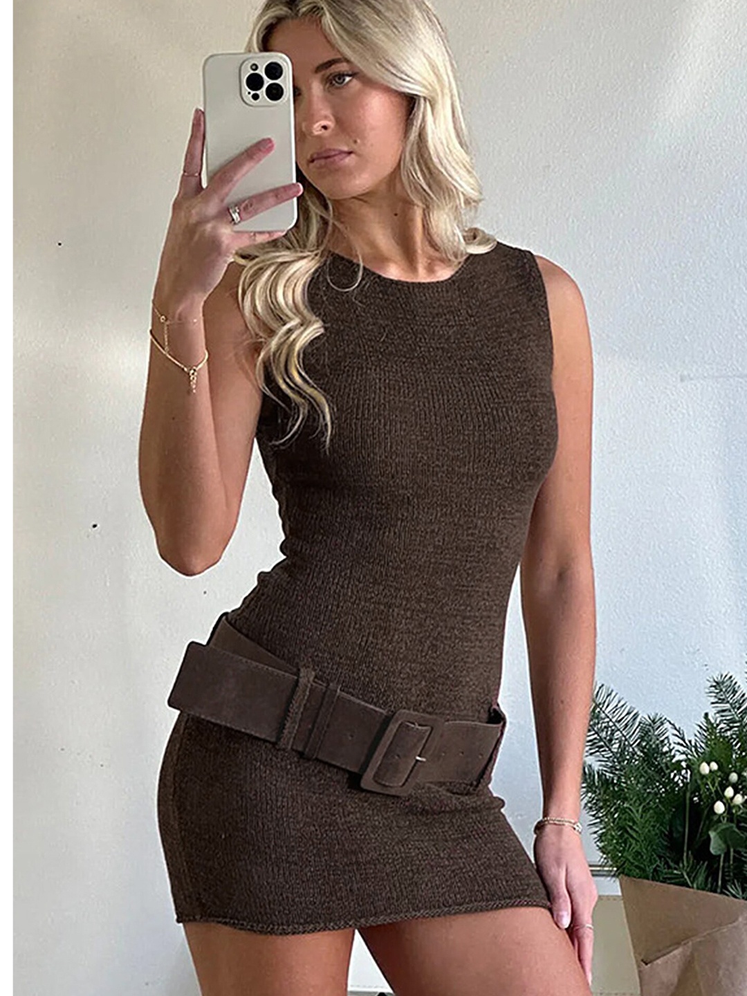 

LULU & SKY Round Neck Bodycon Mini Dress With Belt, Brown