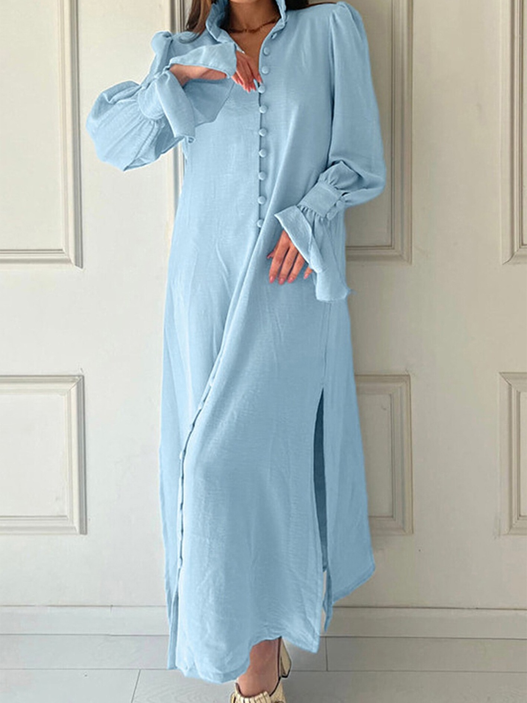 

LULU & SKY Shirt Collar Bell Sleeve Maxi Dress, Blue
