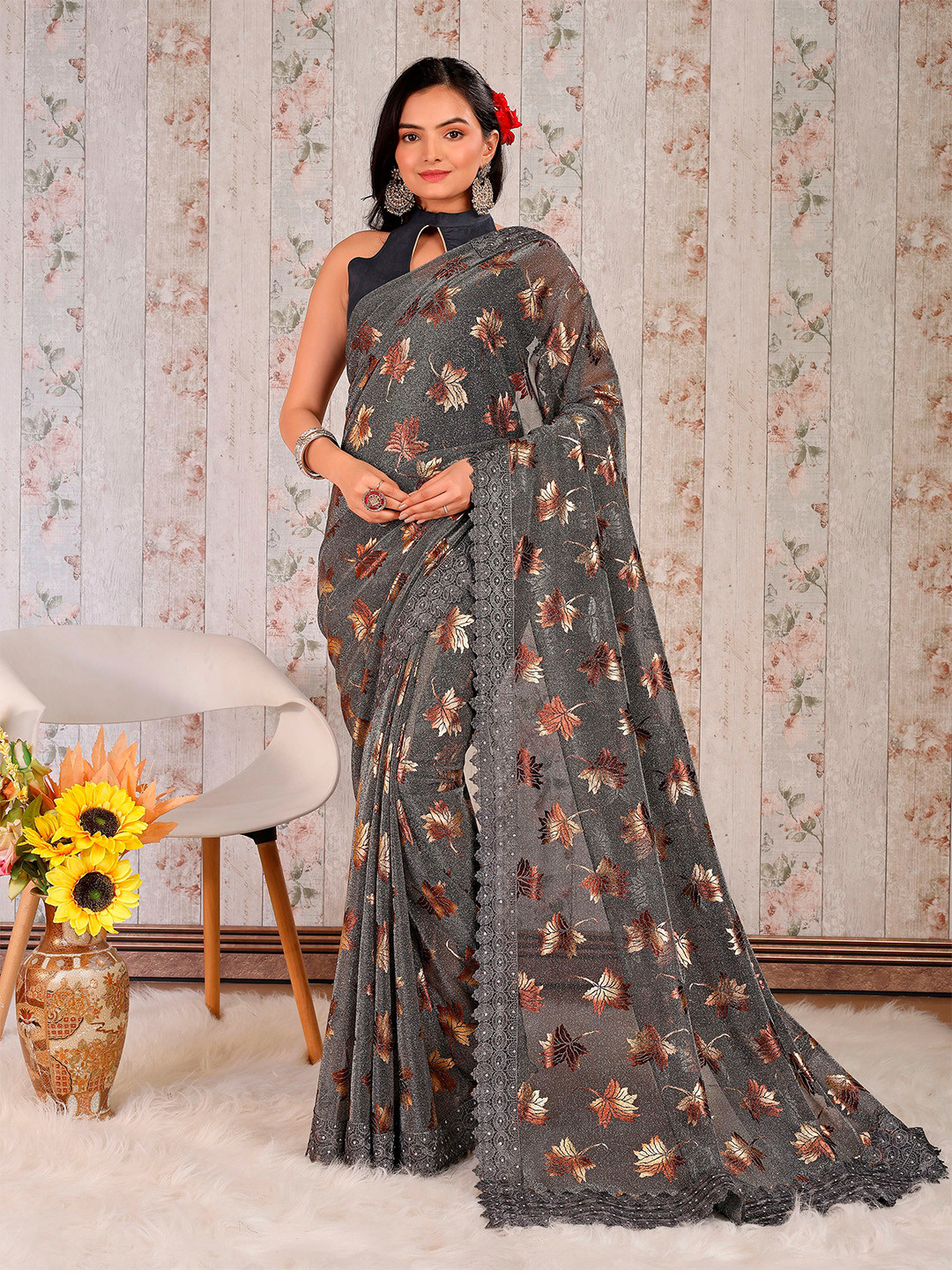 

Indian Women Floral Printed Beads and Stones Saree, Grey