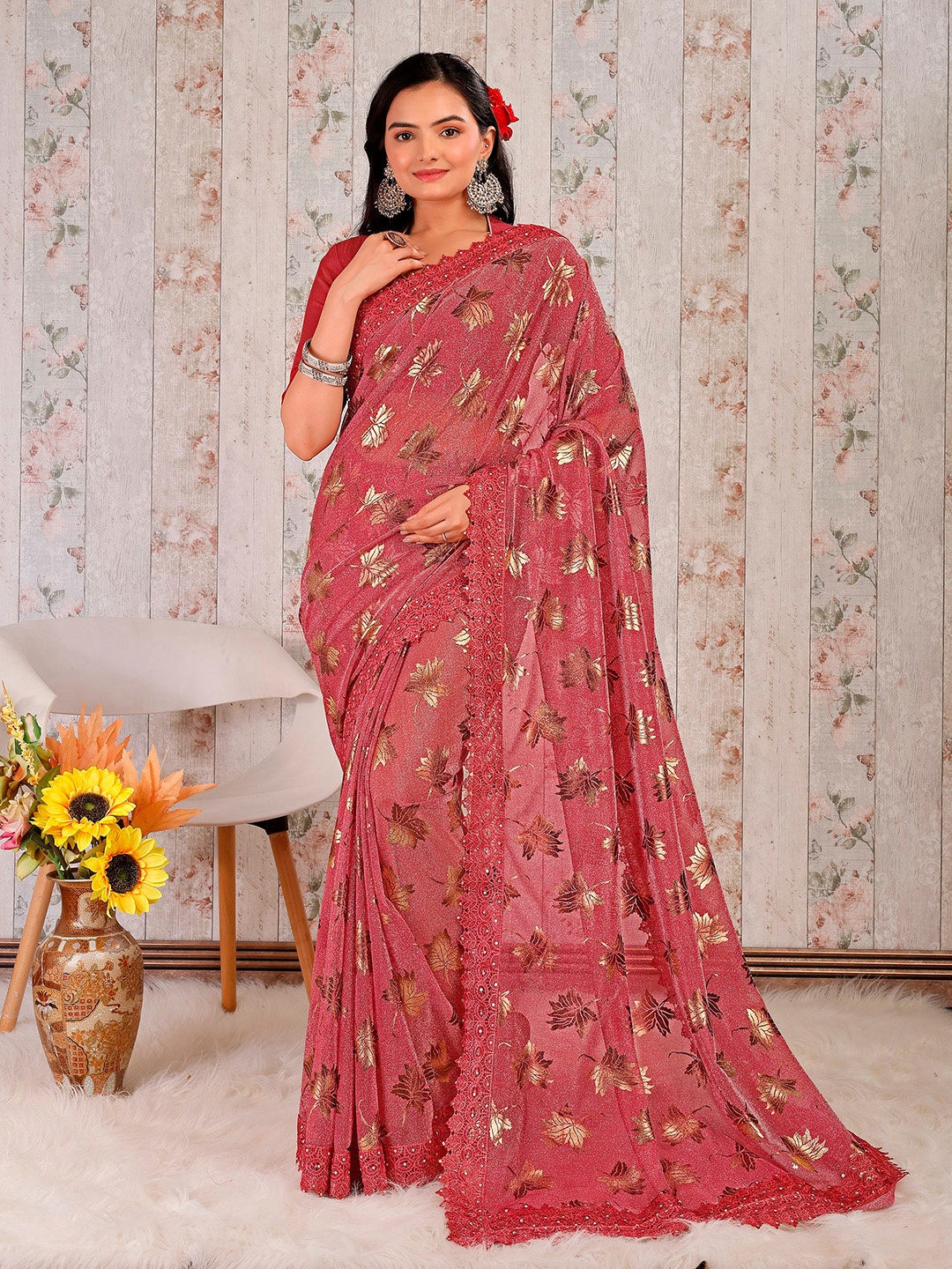 

Indian Women Floral Beads And Stones Embellished Saree, Pink