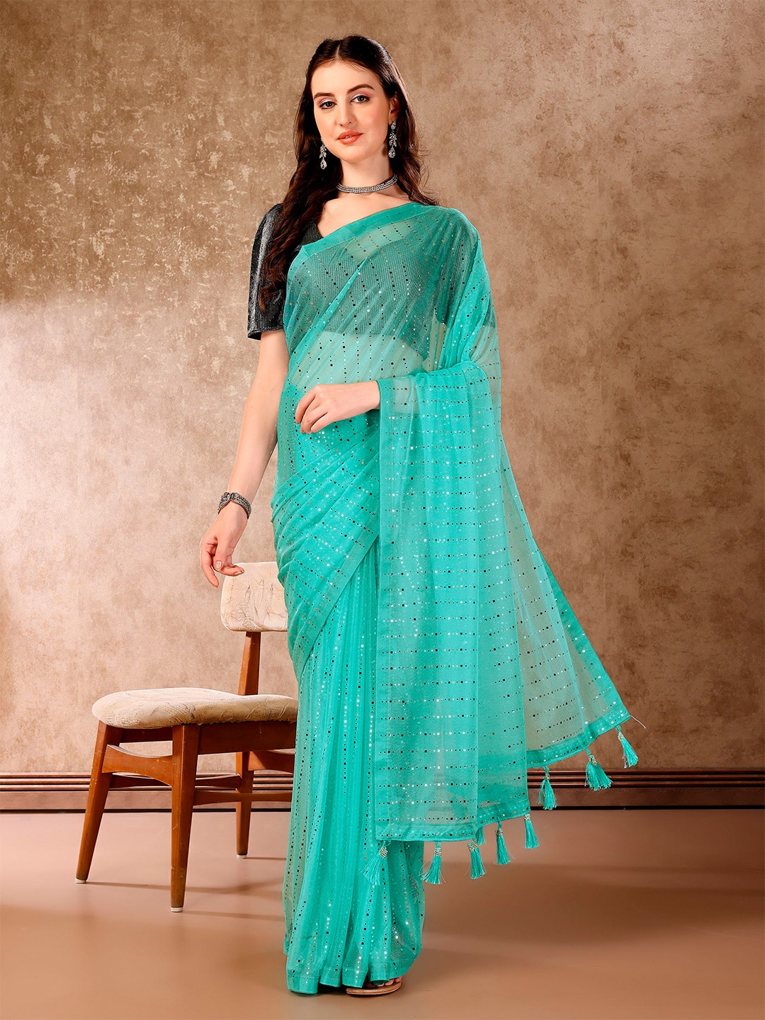

Indian Women Embellished Beads and Stones Saree, Green
