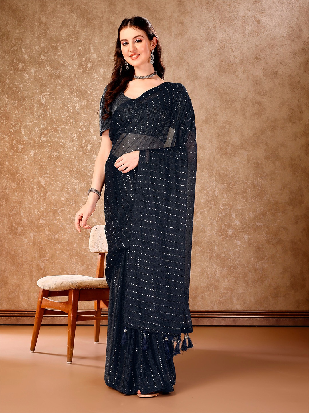 

Indian Women Embellished Beads And Stones Saree, Blue